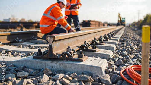 Railway workers installing and maintaining tracks during outdoor construction work