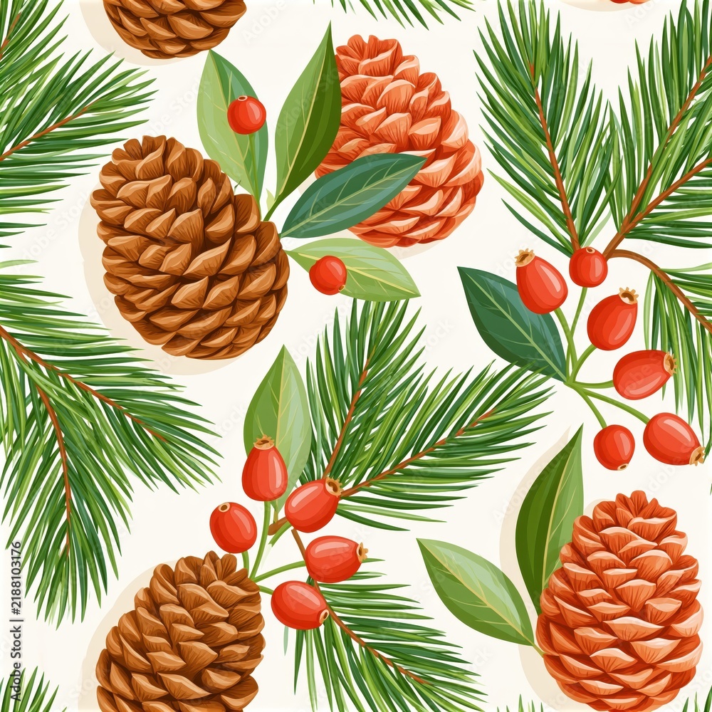 Fototapeta premium Pine branches, pinecones, and red berries on seamless pattern background