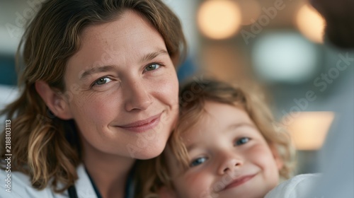 Smiling woman cuddling a young child in a warm close portrait, mother and daughter bond, family love, emotional connection, happy parenting.