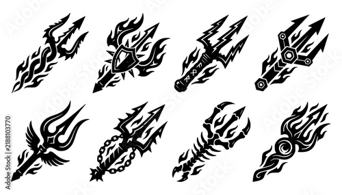 Dark Fantasy Trident Silhouette Emblem Collection Mythical Weapon Vector Set