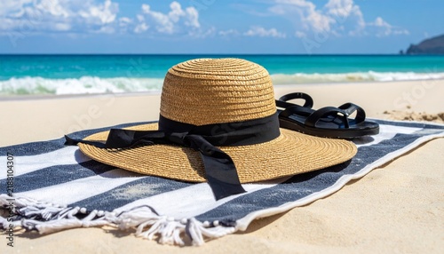 Hat and Sunglasses on a Sandy Beach by the Sea, Summer Vacation and Tropical Travel Concept with Straw Hat, Ocean, Sun, Relaxation and Resort Lifestyle
