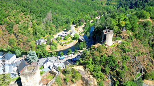 September 10, 2026 - Aerial drone view of the medieval Esch-sur-Sûre castle ruins and village in the scenic river valley of Luxembourg.