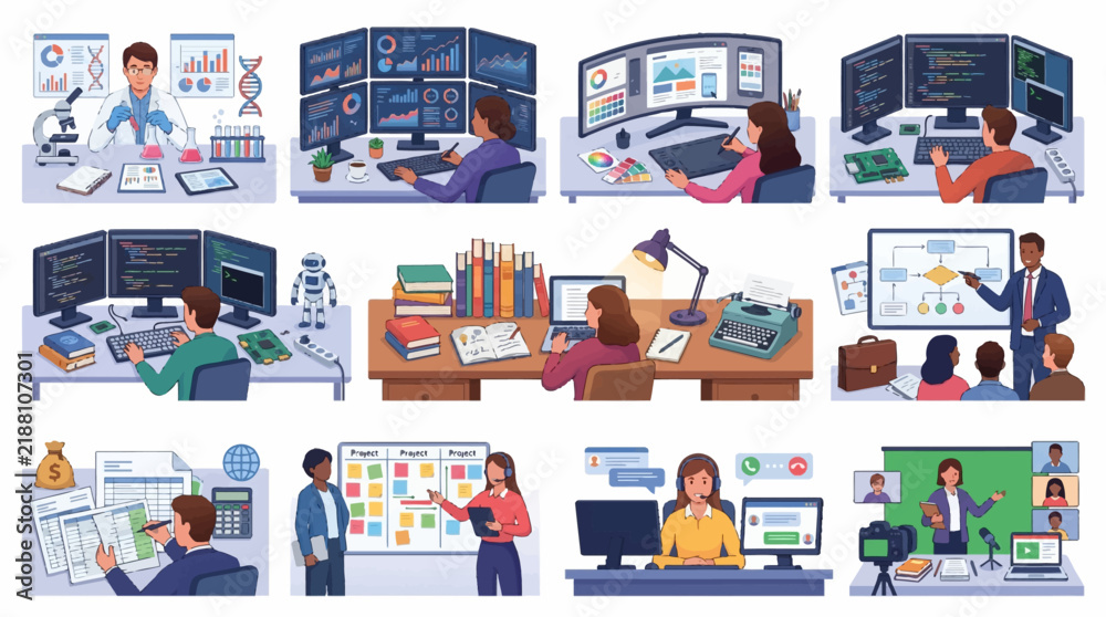 Fototapeta premium Modern professional workspace illustrations, set of 11 business and technology scenes, diverse office workers and creative professionals