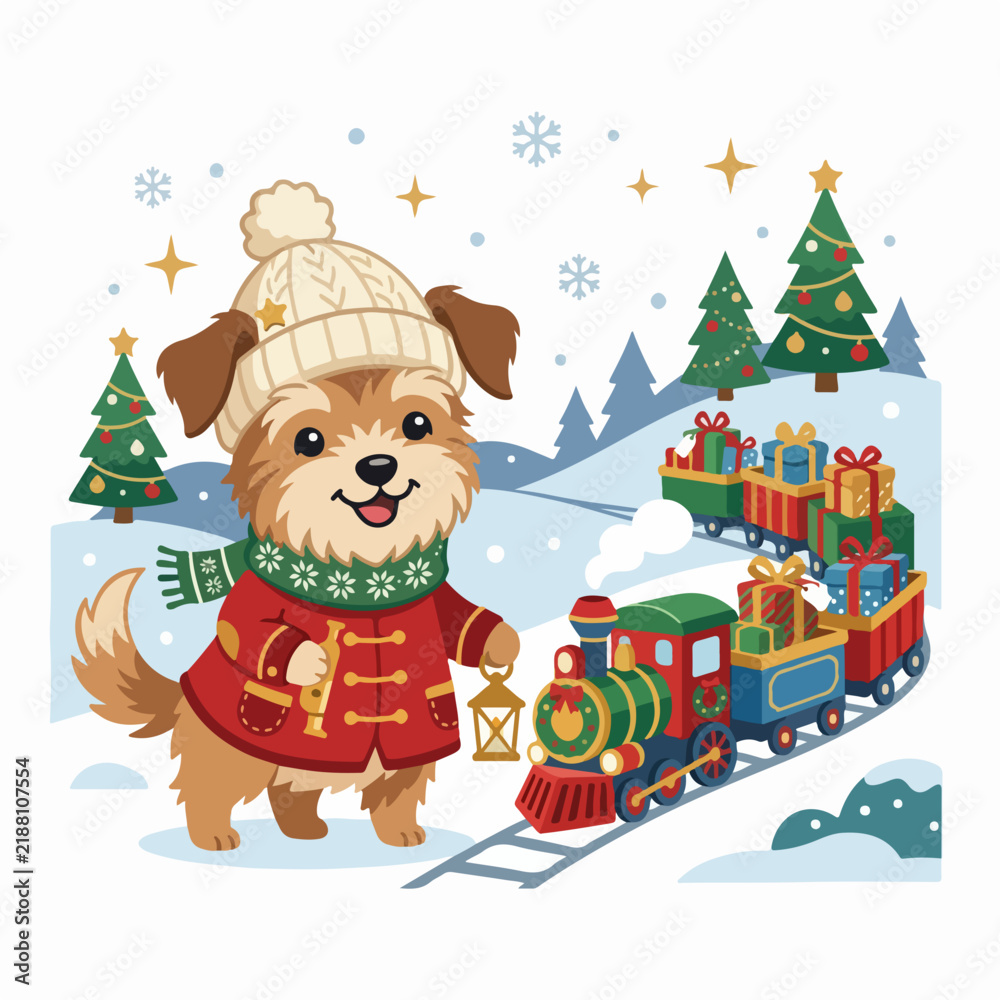 Fototapeta premium Cute christmas dog mascot wearing winter hat and scarf near toy train in snow
