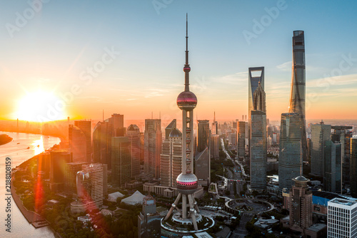 Canvas Print Aerial view of Shanghai CBD at sunrise