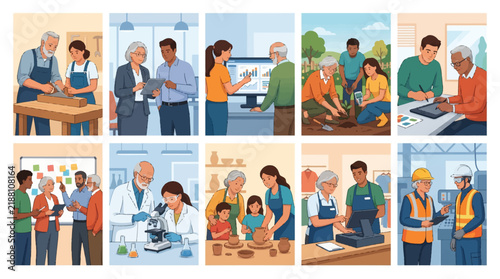 Intergenerational mentorship and diverse workplace training set, 10 vector illustrations of senior and young professionals collaborating in various industries.