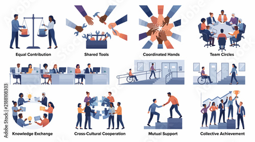 Business teamwork and diversity concept set, 11 professional office cooperation scenes, corporate inclusion and collective achievement vector