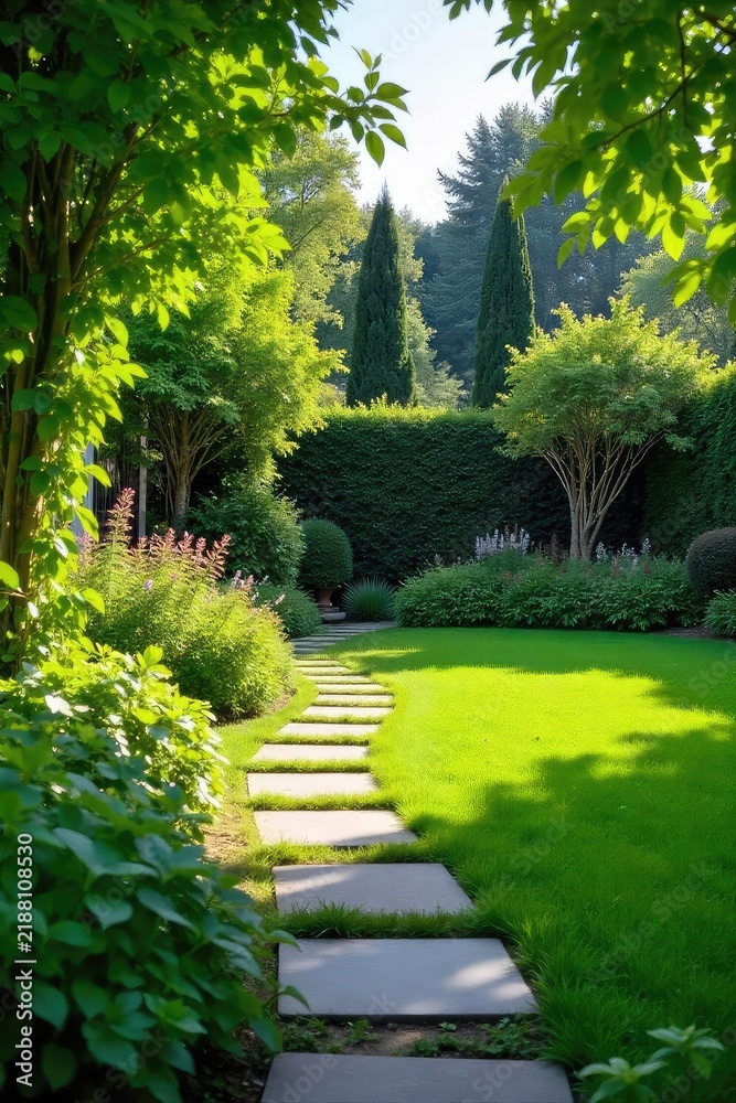 Obraz premium Tranquil backyard oasis featuring lush greenery, a stone pathway, and meticulously manicured lawn Perfect for relaxation and outdoor enjoyment , greenery, residential