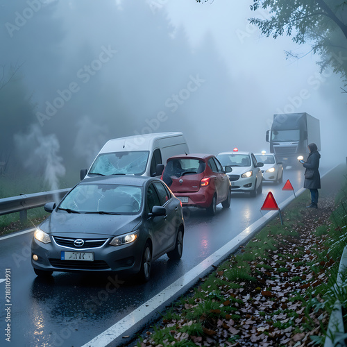 Photograph of a traffic jam on a foggy road showing multiple vehicles