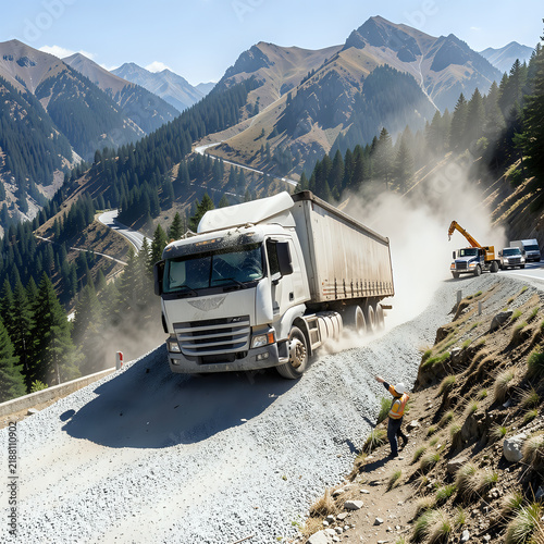Photograph of a large white cargo truck on a gravel mountain road