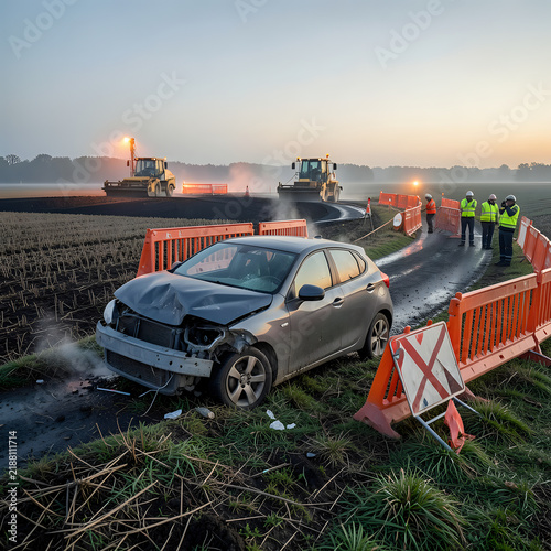 Car crash damaged silver sedan front end crushed orange safety