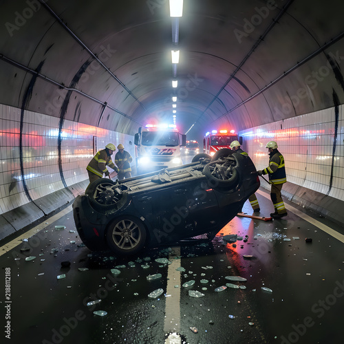 photograph of overturned black car in underground tunnel three