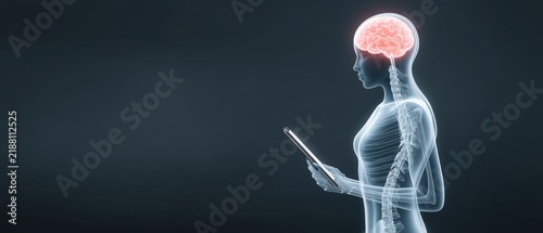Futuristic concept of human brain with technology integration digital human figure holding a tablet with brain graphic