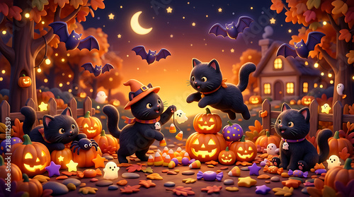 Black cats playing among pumpkins and autumn leaves during a festive Halloween night