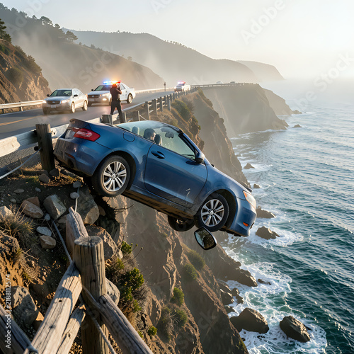 Blue sedan tilted on cliffside hanging over edge wooden fence rocky
