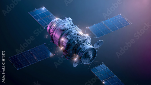 A detailed artificial satellite orbiting in deep space with solar panels extended in dark void with illuminating metallic structure