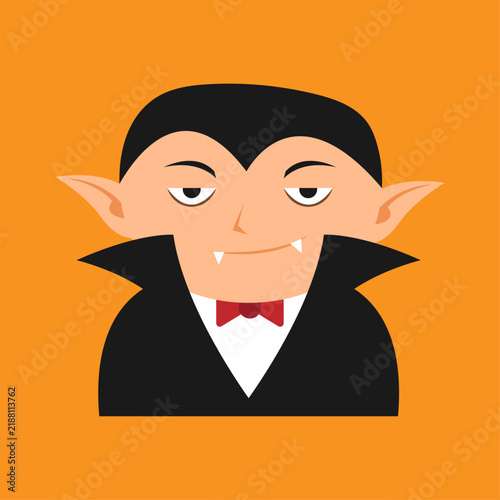 Cute vampire character avatar flat vector illustration on orange background. Halloween Dracula concept with fangs and red bow tie. Halloween costume party design element.