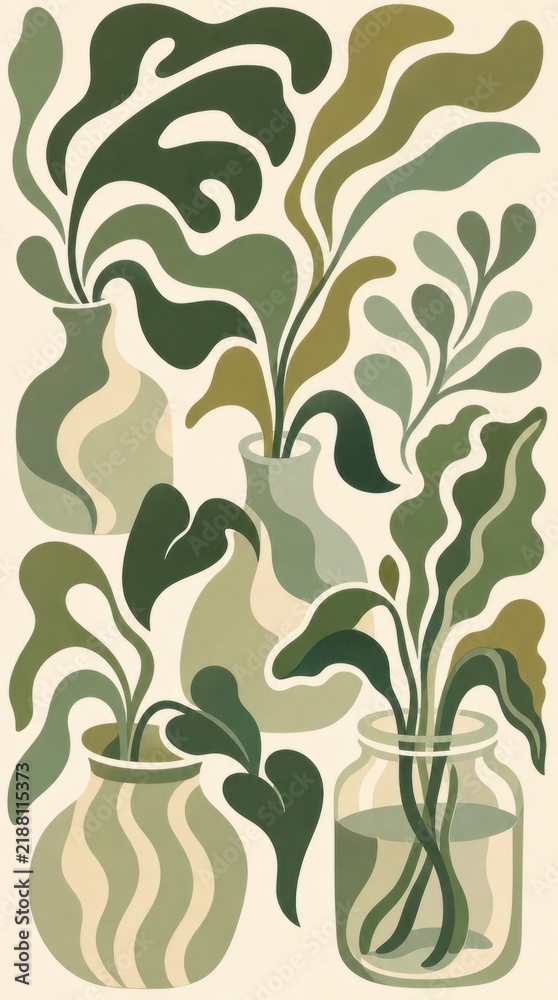 Obraz premium Minimalist green botanical poster set, modern abstract mobile wallpaper