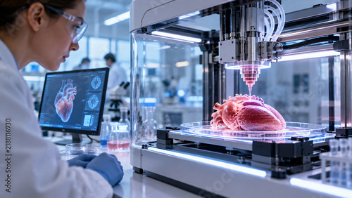 Scientist observing a futuristic 3D bioprinter creating a detailed human heart model, representing tissue engineering, regenerative medicine and advanced biotechnology