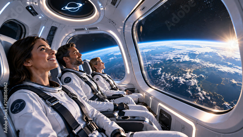 Passengers aboard a futuristic commercial spacecraft gazing through panoramic windows at Earth from orbit, representing the emerging era of space tourism and commercial space travel