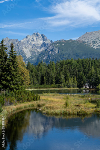 View of mountain peaks from the lakeside.