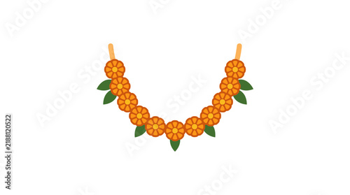 Orange marigold flower garland with green leaves vector illustration
