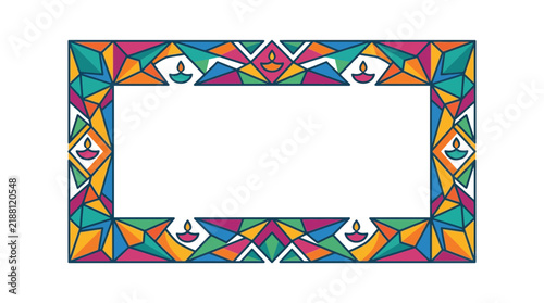 Colorful geometric border with diya lamps for diwali celebration
