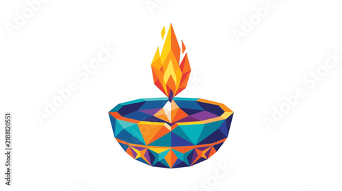 Geometric colorful diya lamp burning with bright flame