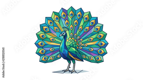 Geometric peacock bird vector illustration with colorful plumage