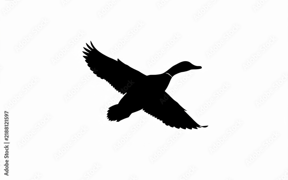 Obraz premium Vector silhouette of a flying duck isolated on a white background, perfect for nature and wildlife designs