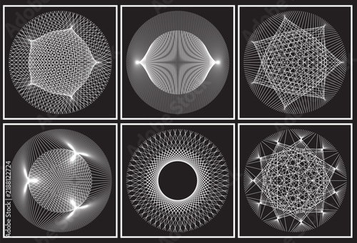 Abstract geometric sphere and network pattern set for technology visualization, data connectivity graphics, and futuristic science design