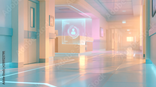 Futuristic corridor with glowing holographic interface and neon lights in a modern digital building interior