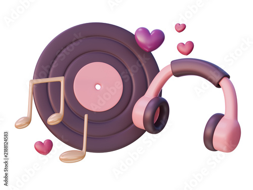 Cuadro en lienzo 3D Romantic Music Vinyl Record Headphones Musical Notes Hearts Render