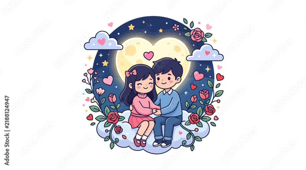 Fototapeta premium Couple sitting on cloud against heart moon background.
