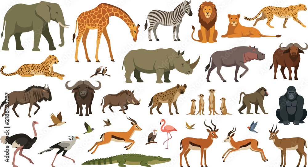 Obraz premium African Safari Animals Collection in Flat Vector Style with Simple Background