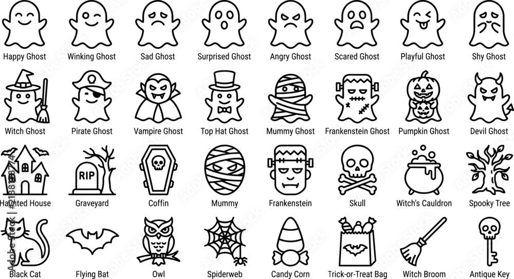 Obraz premium A collection of halloween themed flat vector icons depicting ghosts monsters and traditional symbols witch pumpkin skull spiderweb cauldron bat