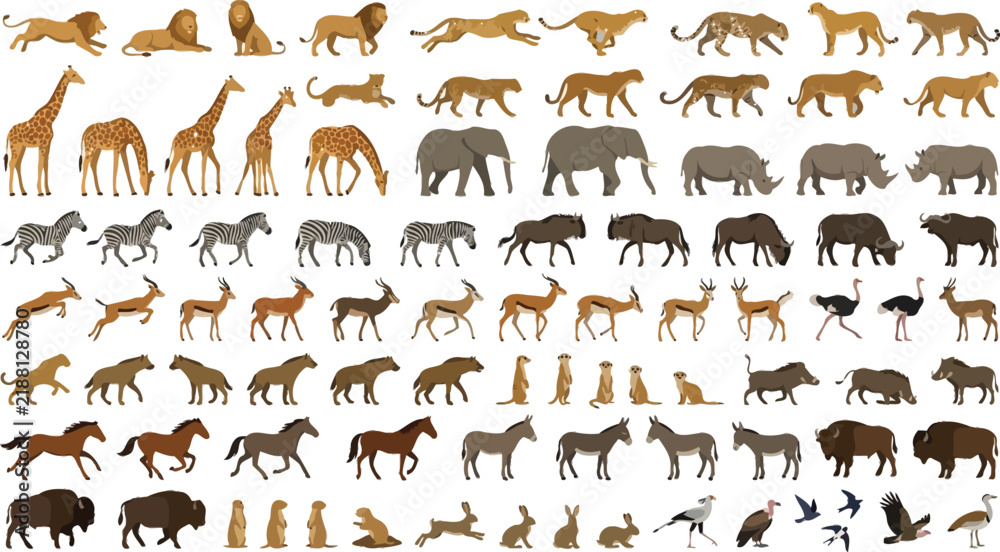 Obraz premium African Safari Animals Collection in Flat Vector Style with White Background