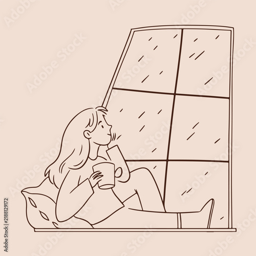 Cozy woman sitting by a rainy window with a hot drink, whimsical hand drawn Scandinavian minimalist line sketch illustration