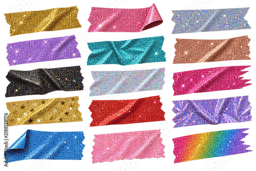 Collection of colorful glitter adhesive tape strips, shiny sparkling decorative paper tape set with holographic texture isolated on transparent background for creative graphic design projects