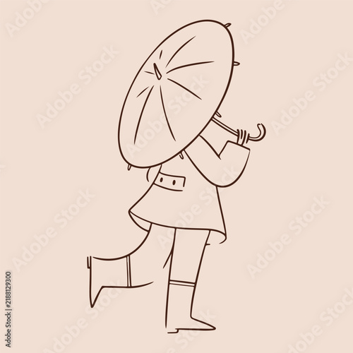 Whimsical person walking with an umbrella on a rainy day, hand drawn Scandinavian minimalist autumn line sketch illustration