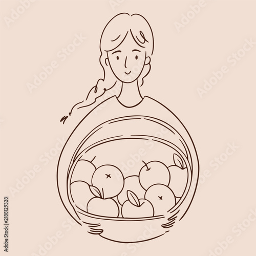 Whimsical woman holding a basket full of apples, hand drawn Scandinavian minimalist autumn harvest line sketch illustration