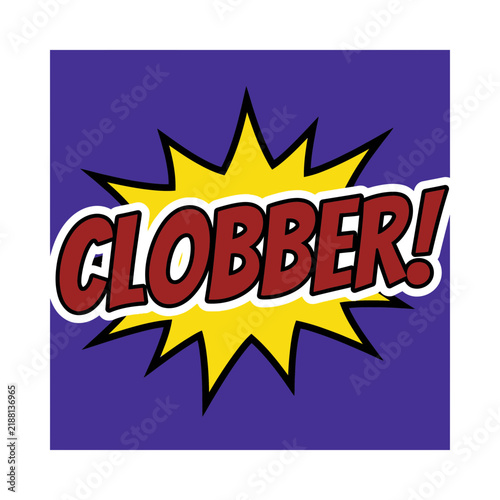 Comic explosion bubble with clobber text on purple background