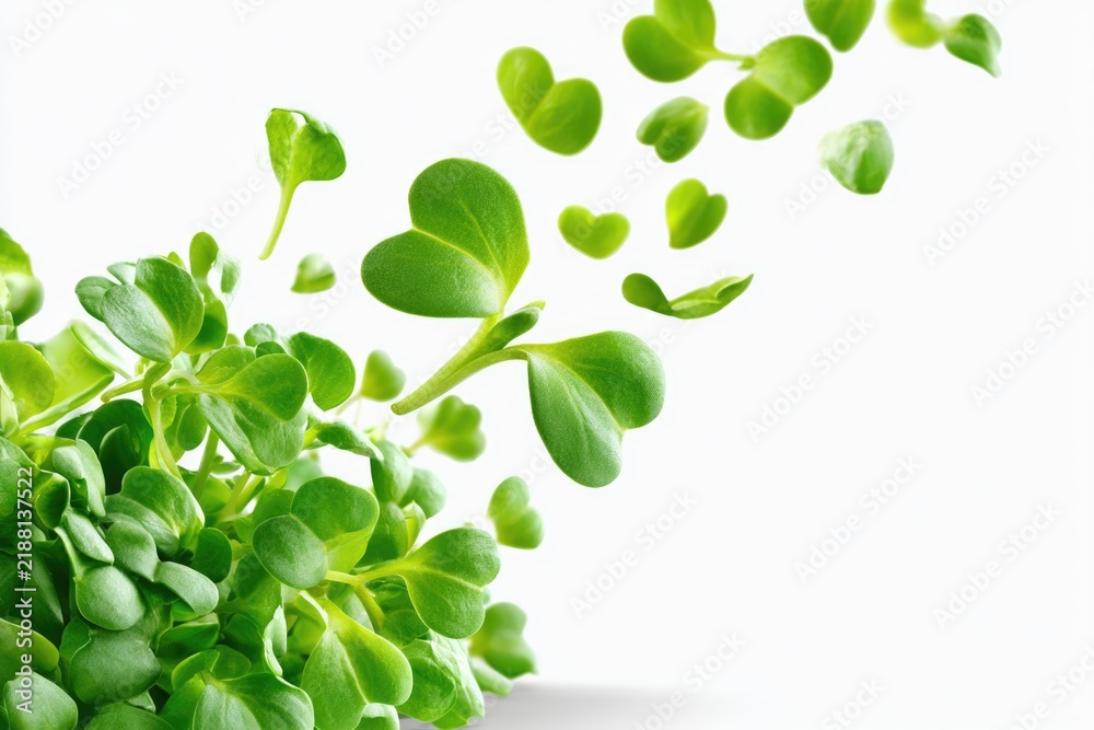 Obraz premium Fresh green microgreens with heart-shaped leaves sprouting and floating against a white background.
