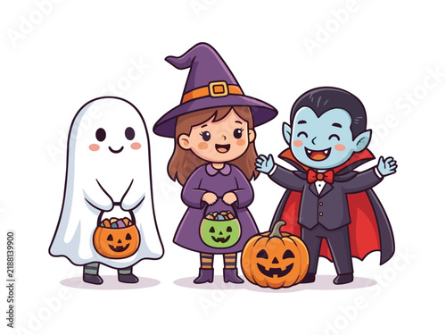 Cute Halloween Ghost Witch Vampire Pumpkin Friends Vector Art