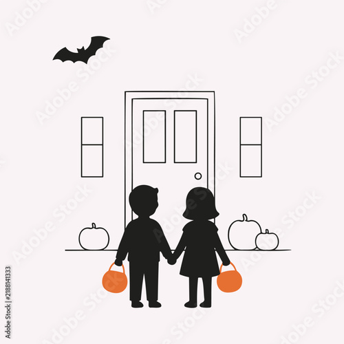 Halloween Trick Or Treat Kids Silhouette With Pumpkin Buckets