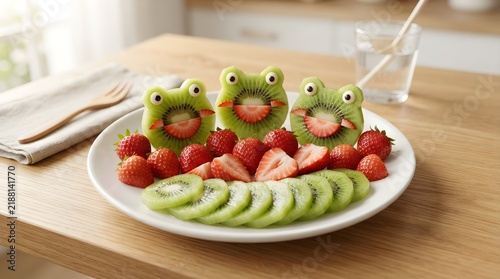 Cute frog shaped kiwi fruit slices with strawberries on a white plate for a healthy kids snack or fun party food idea