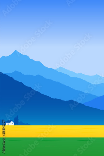 Mountain Landscape with Blue Hills, Yellow Field and Green Meadow