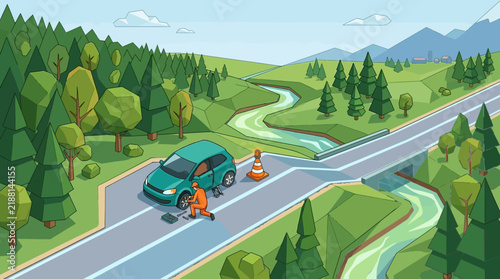 Car breakdown on a scenic road, mechanic fixes flat tire near a stream and bridge