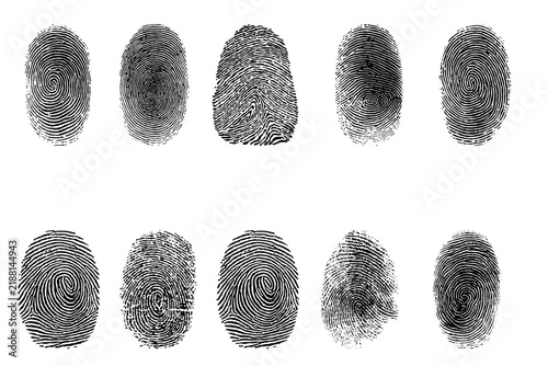 Obraz na płótnie Black fingerprint collection with 10 unique ink stamps, forensic human thumbprin