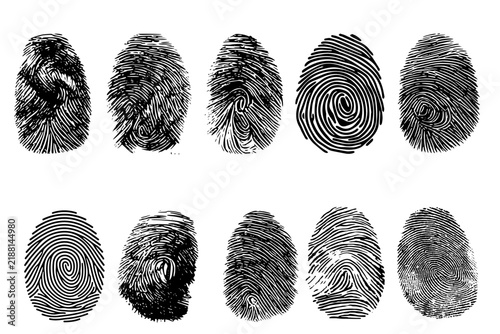 Foto Black fingerprint collection with 10 unique ink textures, forensic thumbprint ve